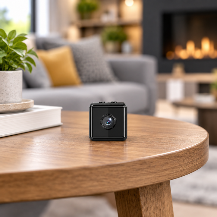 Small black cube camera on a round wooden coffee table in a cosy living room 1