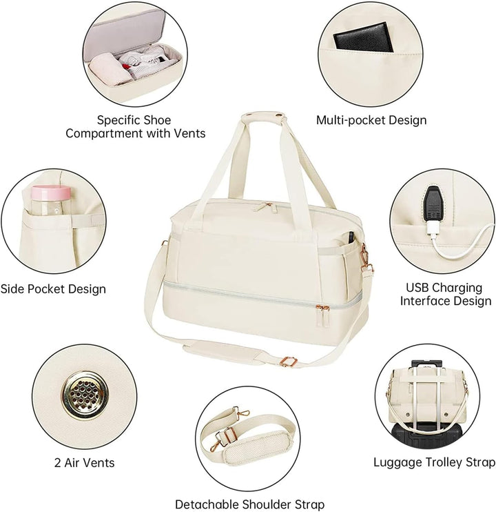 Women’s Weekender Duffel with USB Charging, Shoe Compartment & Wet Pocket