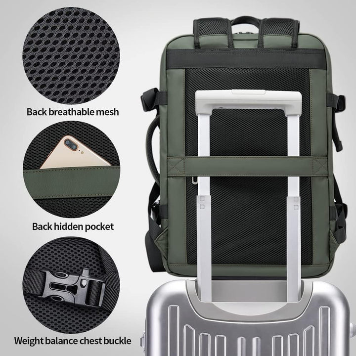 Expandable 26–45L Waterproof Travel Backpack with Laptop Sleeve & Duffle Carry