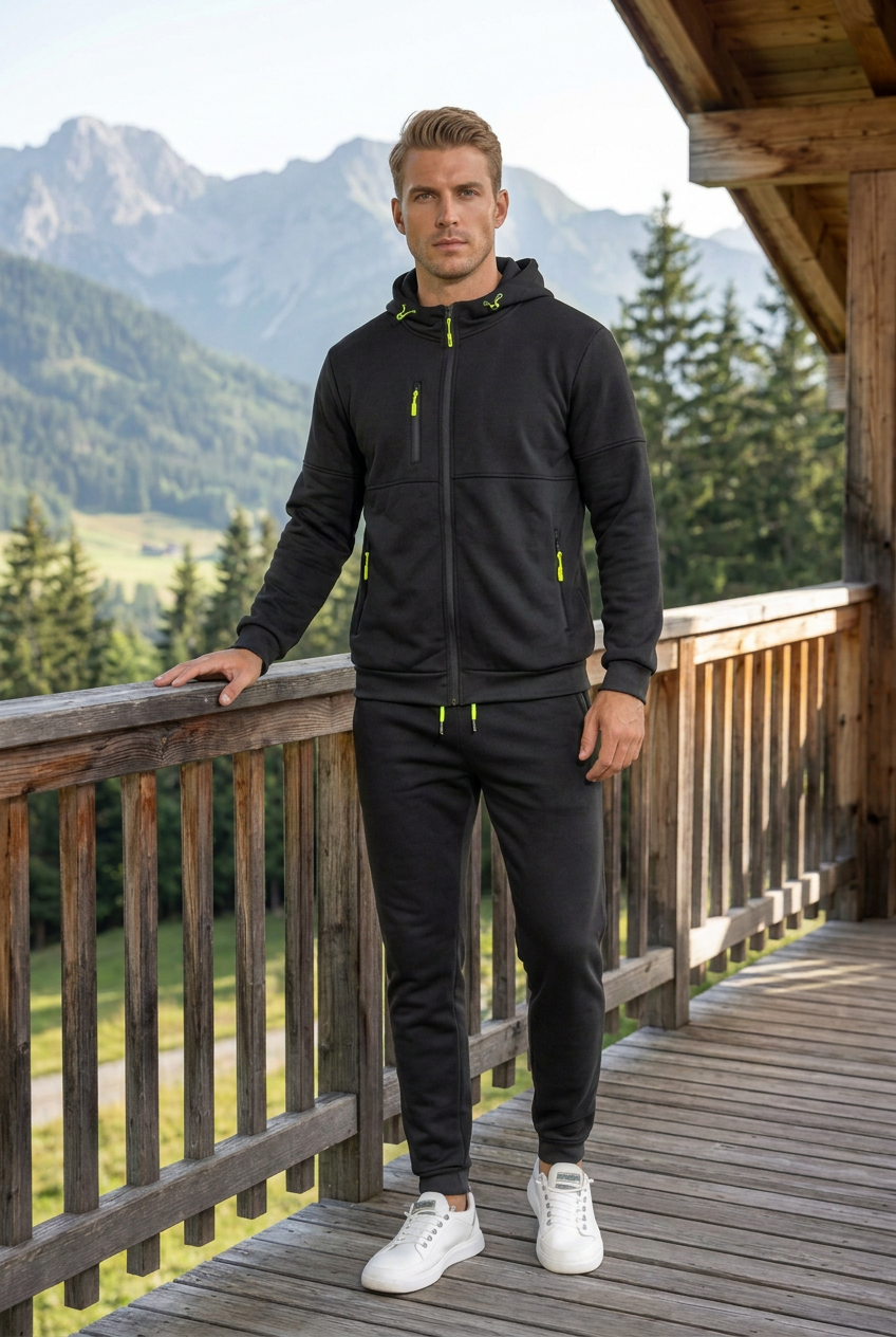 Black hooded zip tracksuit with neon yellow zips, worn by a man on a mountain chalet balcony 1