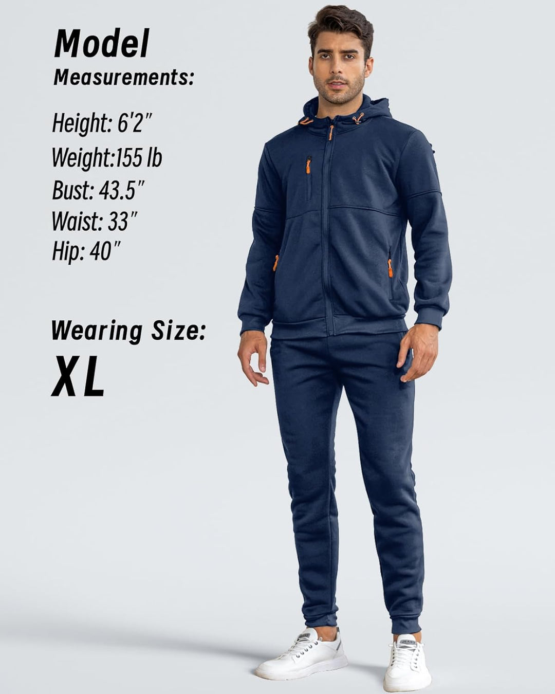 Model wearing the navy hooded jacket and joggers, standing front-on, with model measurements and size shown alongside 2