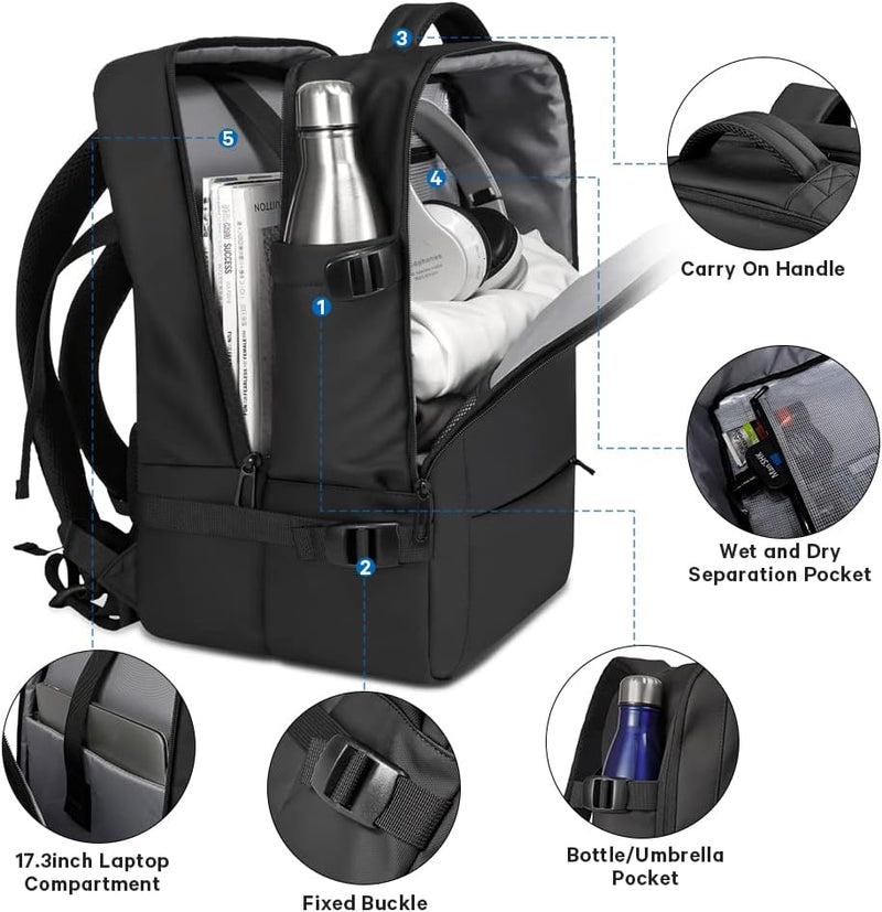 Expandable 26–45L Waterproof Travel Backpack with Laptop Sleeve & Duffle Carry