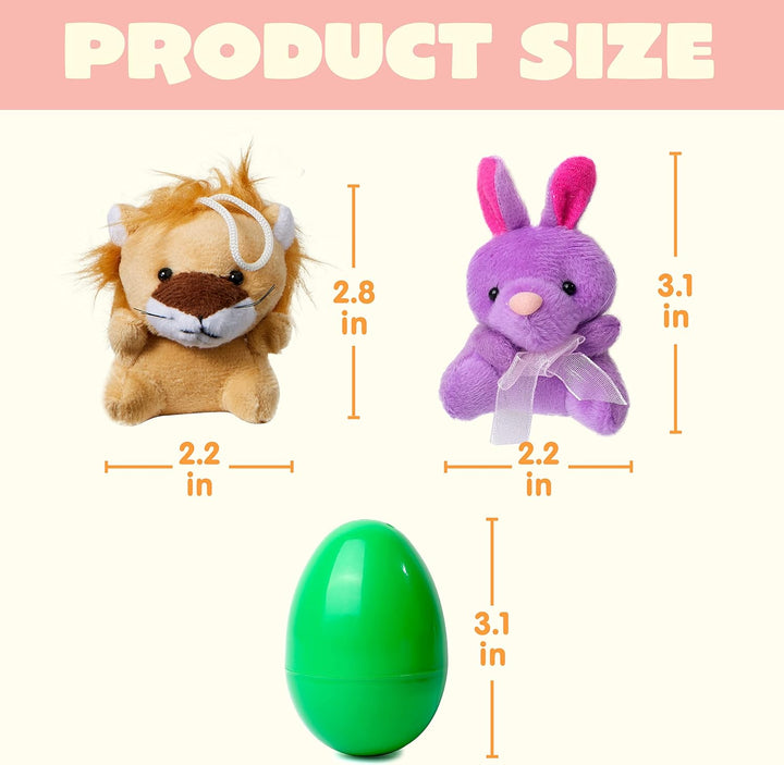 Plush Easter eggs containing mini animal toys for children – pack of 12 surprise eggs.
