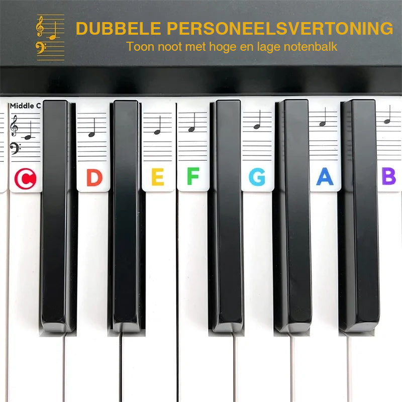 Removable silicone note labels for pianos and 88-key keyboards.