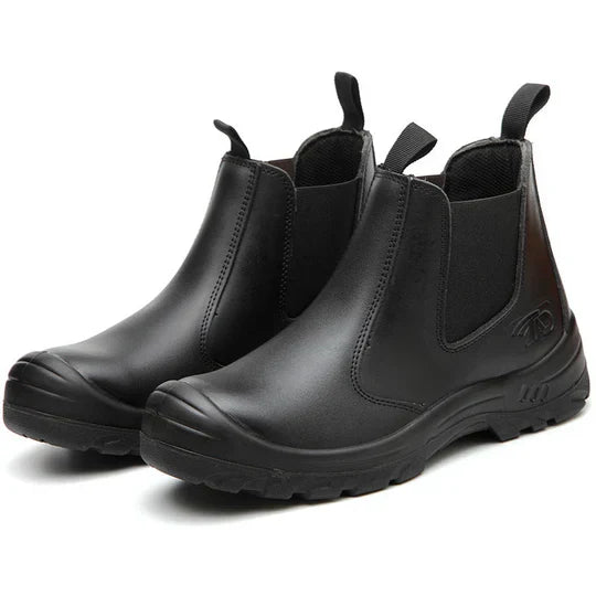 Pair of black leather pull-on work boots on a white background, showing toe caps, elastic panels and pull tabs 6
