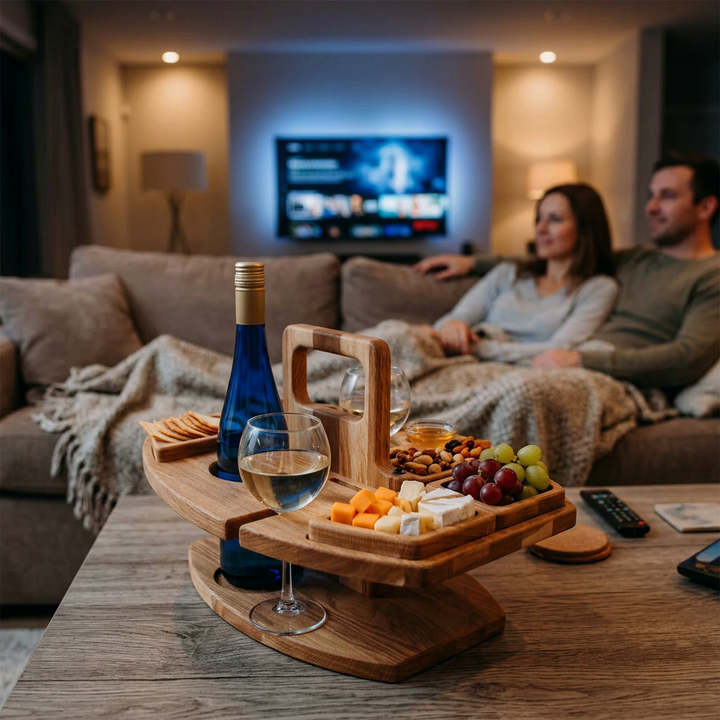 Wooden table holding wine, cheese, grapes and nuts on a coffee table, couple watching TV behind 1