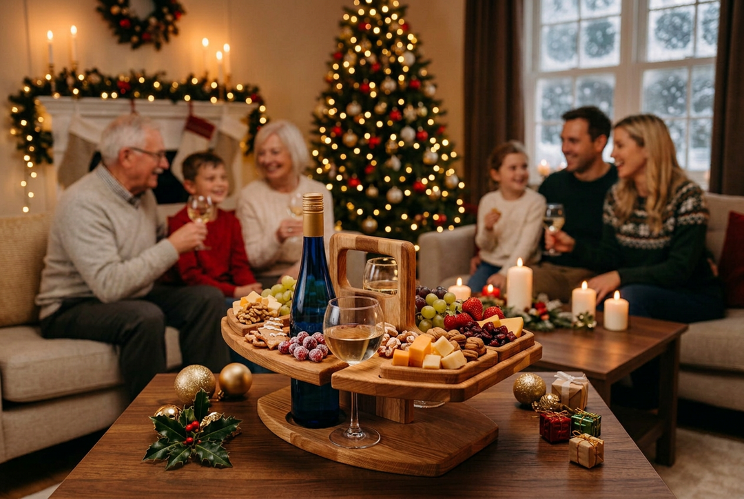 Wooden board holding a blue wine bottle, glasses, cheese and fruit on a coffee table, with a family by the tree 1