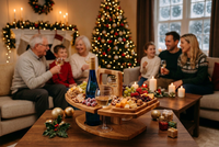 Wooden board holding a blue wine bottle, glasses, cheese and fruit on a coffee table, with a family by the tree 1