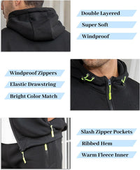 Collage of black tracksuit details: double-layered hood, bright zip pulls, drawstring and slash zip pockets 22