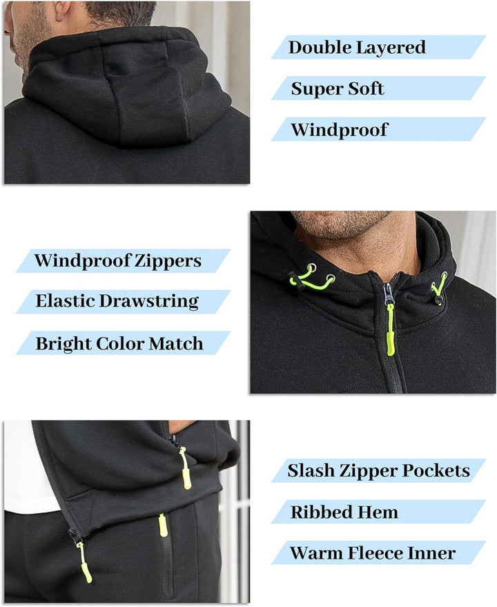 Collage of black tracksuit details: double-layered hood, bright zip pulls, drawstring and slash zip pockets 22