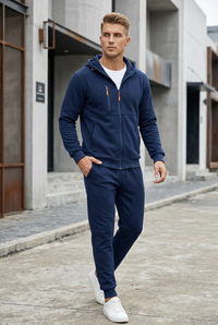 Model in a navy zip-up hoodie and joggers with orange zip pulls, standing on a pavement 1