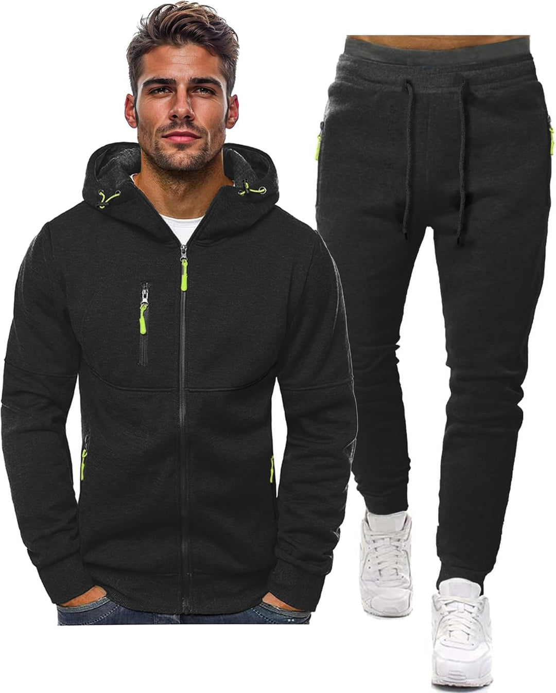 Black hooded zip jacket on a model next to matching joggers, with lime green zip pulls 20