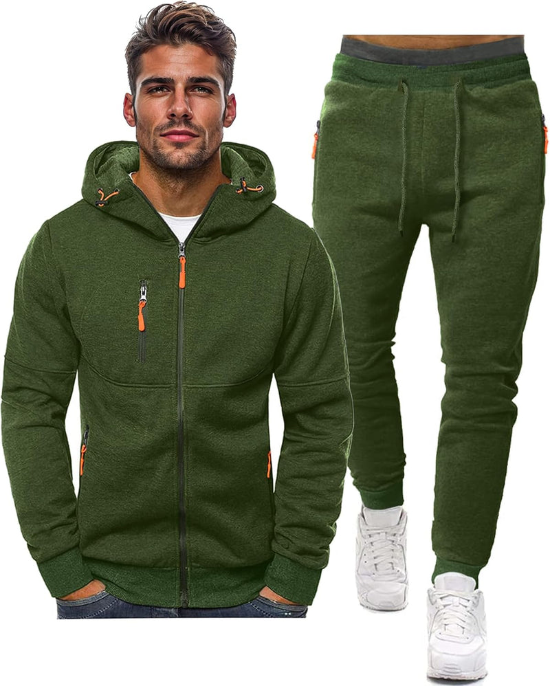 Green zip-up hooded jacket with orange zip pulls beside matching drawstring joggers, shown as a set 13