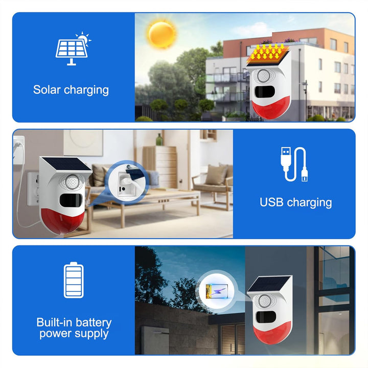 Solar Motion Sensor Alarm with 120dB Siren and LED Strobe – Feronix