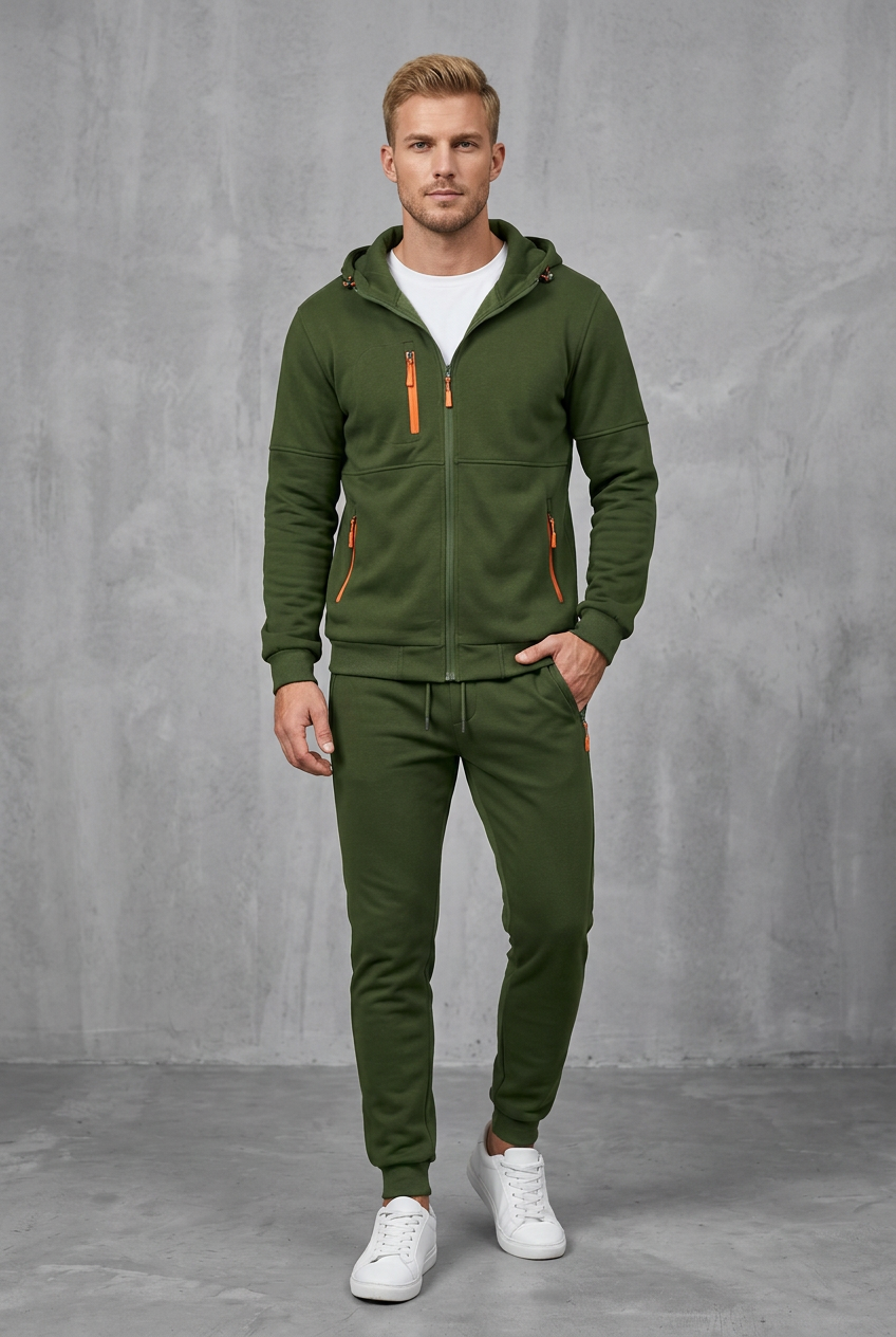 Front view of the olive green hooded set with bright orange zips, worn with a white tee 6