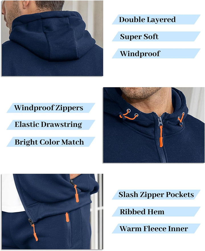 Navy hoodie close-ups: double-layered hood, orange drawcord toggles, zip front and zipped pockets, with feature labels 4