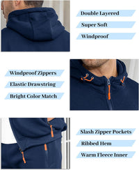 Collage of navy tracksuit details: double-layered hood, orange drawcords, zip pulls, zipped pockets and ribbed hem 5