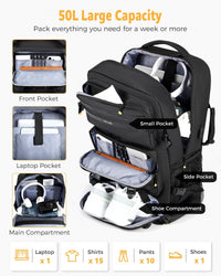 50L Flight-Ready Convertible Travel Backpack with Shoe Compartment & USB Port