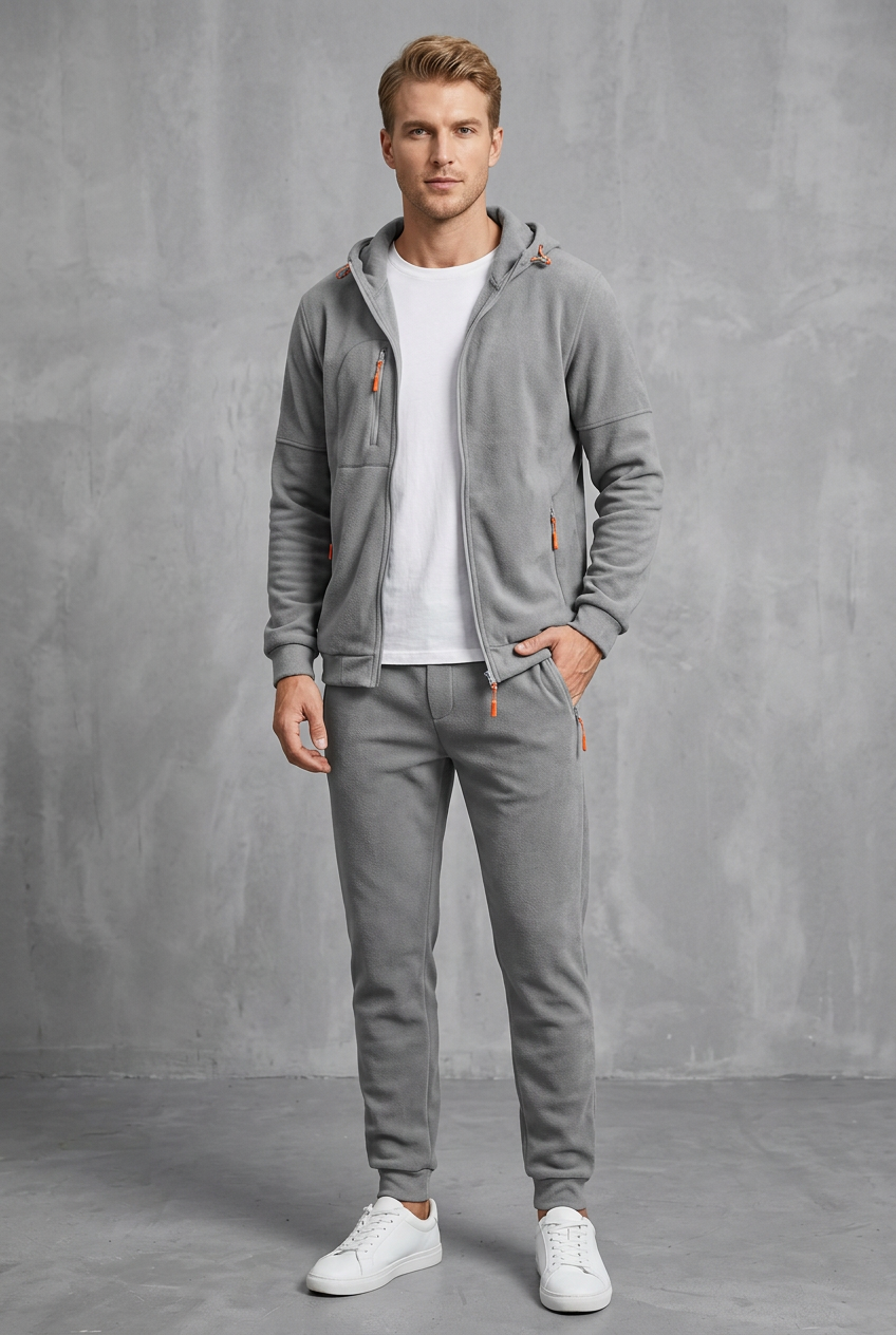 Front view of the light grey fleece-style zip-up hoodie and joggers with orange zips 10