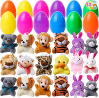 Plush Easter eggs containing mini animal toys for children – pack of 12 surprise eggs.
