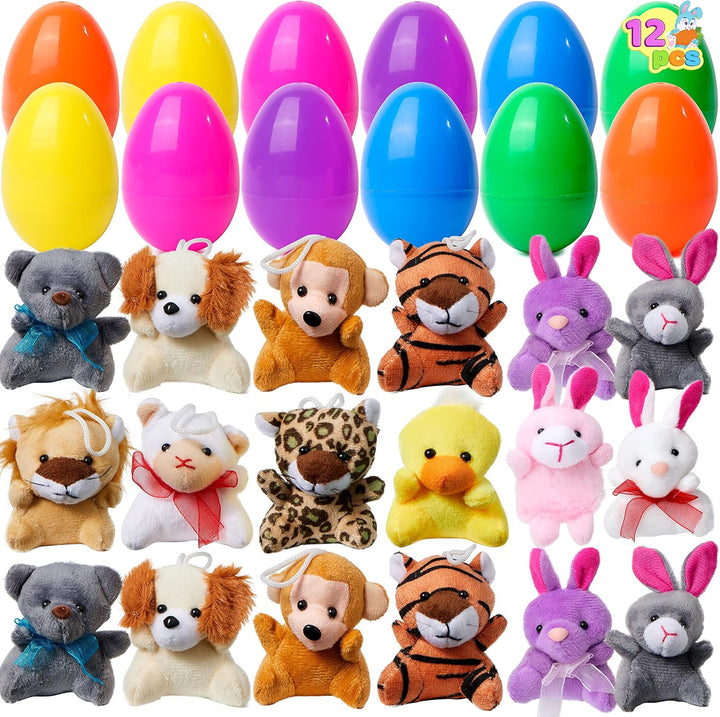 Plush Easter eggs containing mini animal toys for children – pack of 12 surprise eggs.