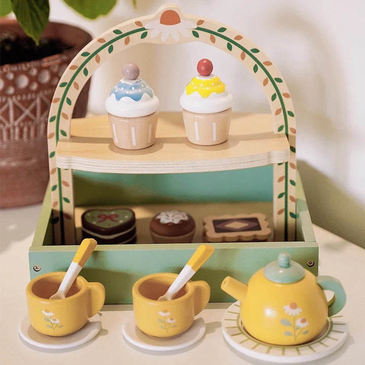 Wooden children's tea set with cupcakes and a teapot – Playtime