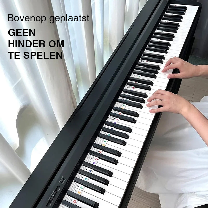Removable silicone note labels for pianos and 88-key keyboards.
