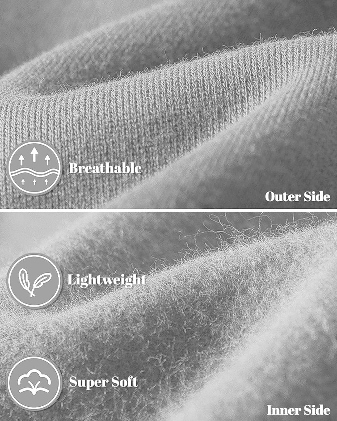 Close-up of the light grey fabric showing the smooth knit outer side and the soft fleece lining 30