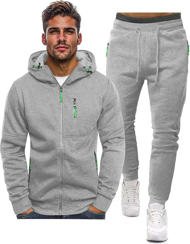 Grey zip-up hoodie and matching drawstring joggers displayed side by side with bright green zip pulls 25