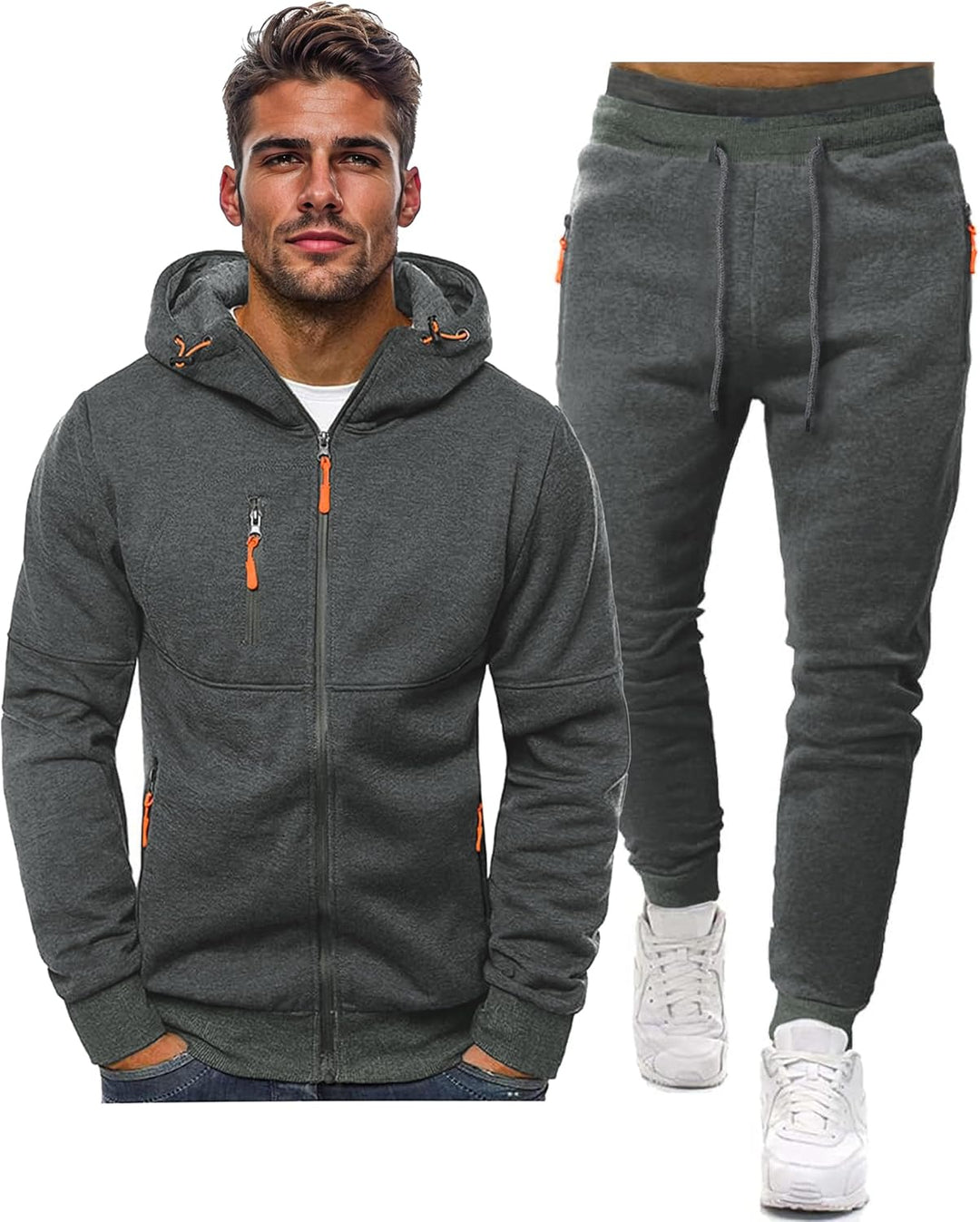 Dark grey zip-up hooded jacket with orange zip pulls beside matching drawstring joggers, shown as a set 7