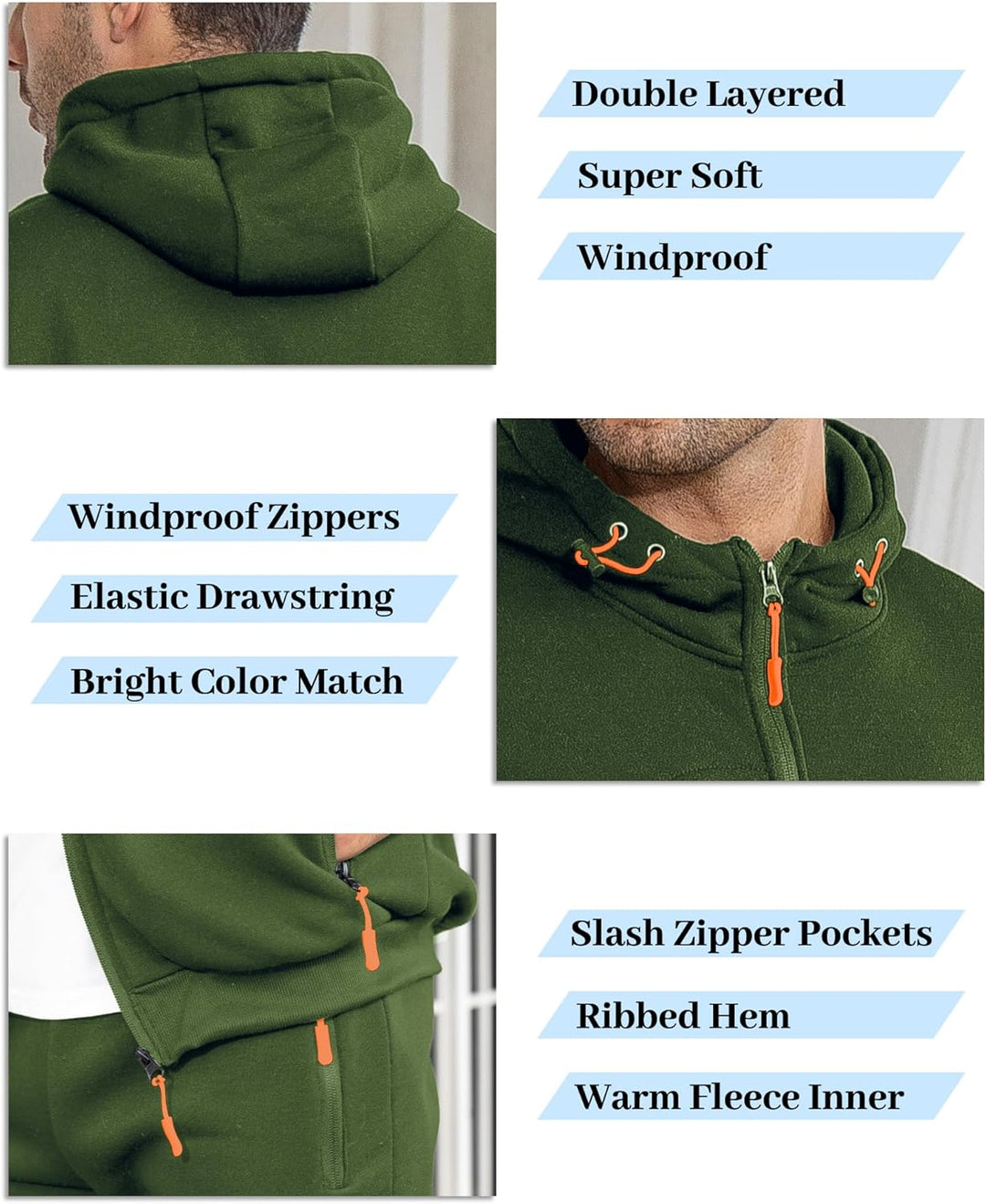 Green tracksuit details: double-layered hood, orange drawstring toggles, zip pockets and ribbed hem 17