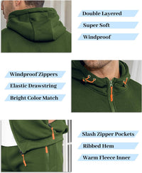 Green tracksuit details: double-layered hood, orange drawstring toggles, zip pockets and ribbed hem 17