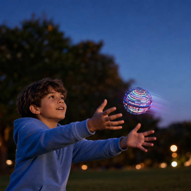 Kid catching glowing flying orb at dusk