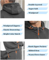 Dark grey hoodie close-ups: double-layered hood, orange drawcord toggles, zip front and zipped pockets, with feature labels 10