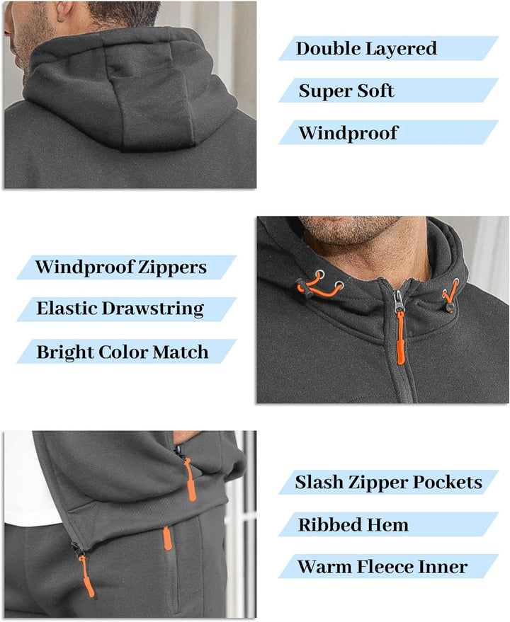 Collage of grey tracksuit details: double-layered hood, orange drawcords, zip pulls, zipped pockets and ribbed hem 11