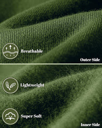 Close-up of the green fabric, knitted outer side and soft fleece inner side, with feature icons 17