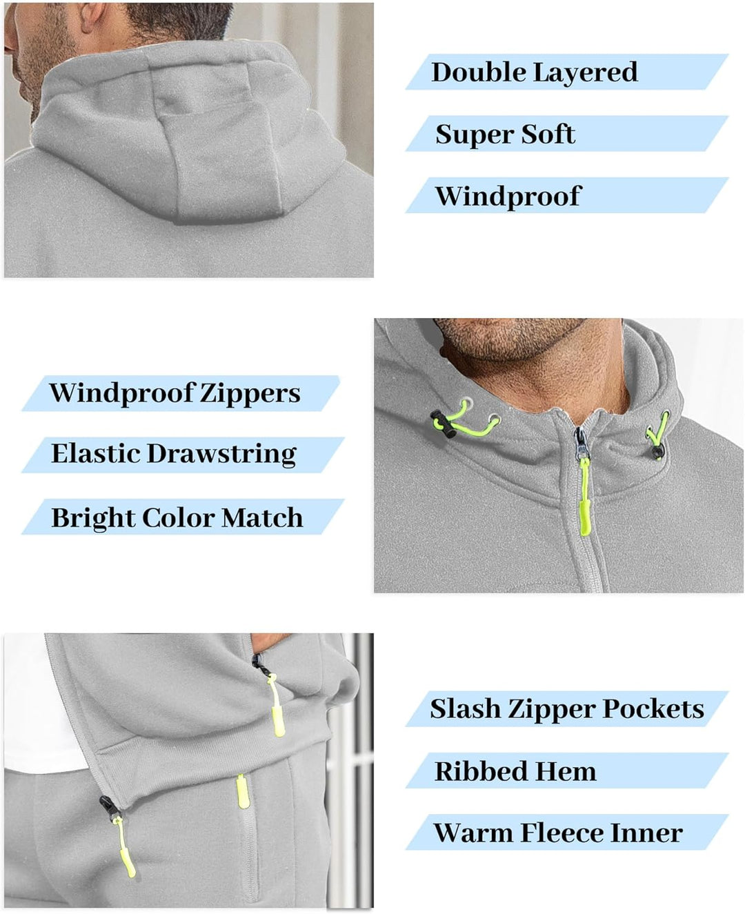 Collage of grey tracksuit details: double-layered hood, bright zip pulls, drawstring and slash zip pockets 28