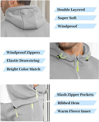 Collage of light grey tracksuit details: hood, drawstring, zip pockets and ribbed hem with bright green zip pulls 29
