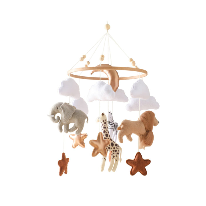 Mobile hanger with felt safari animals to stimulate babies' sensory perception.