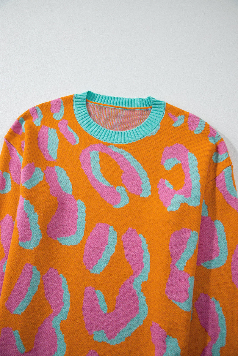 Ladies' Sweater With Colour Block Leopard Print And Round Neck - Liora