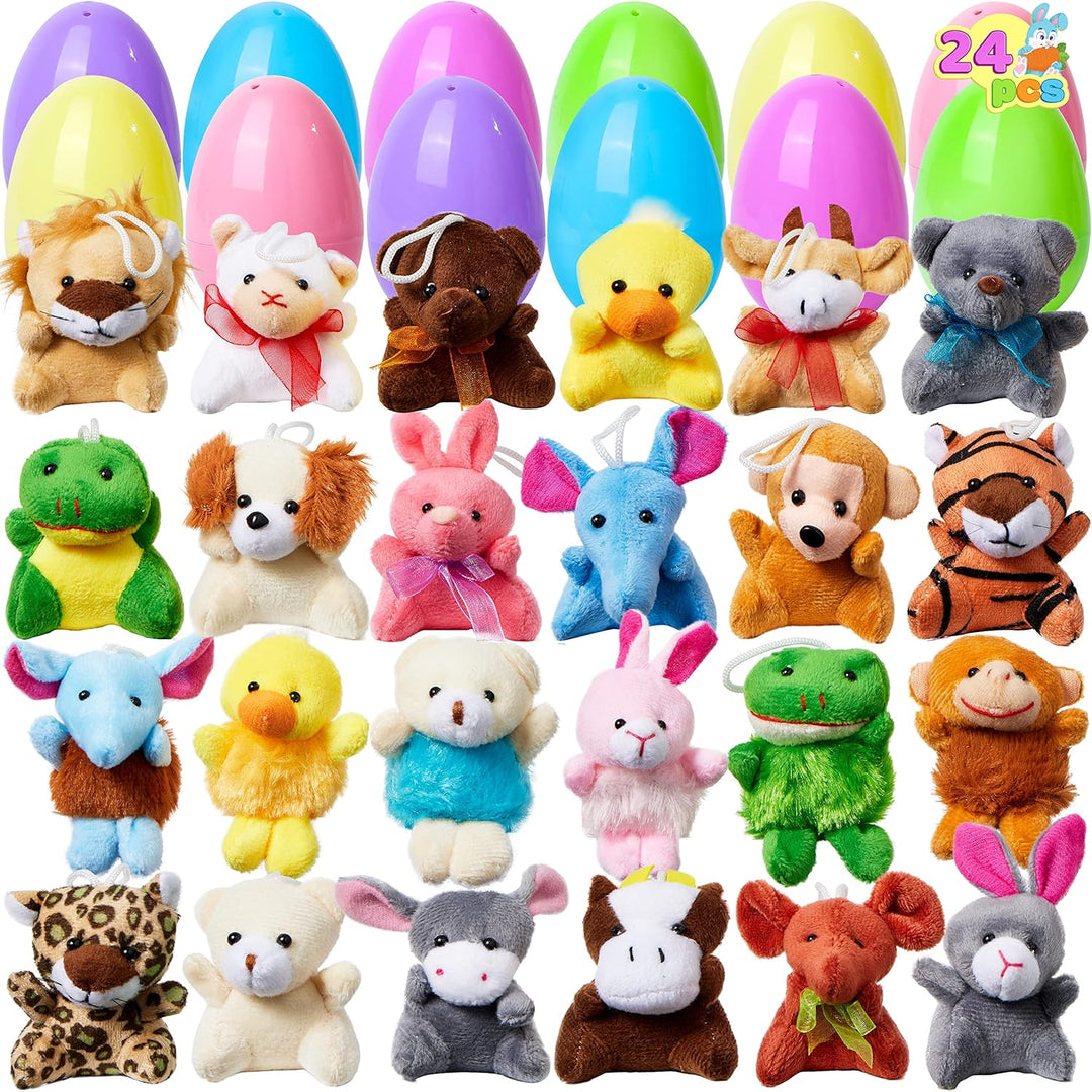 Plush Easter eggs containing mini animal toys for children – pack of 12 surprise eggs.