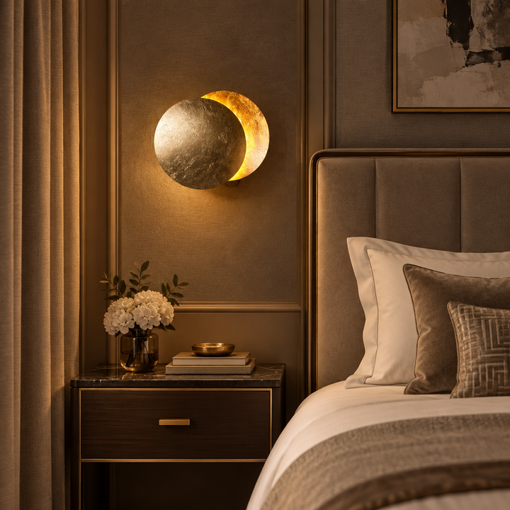 Gold-leaf moon wall light glowing above a marble-topped bedside table in a warm, neutral bedroom 1