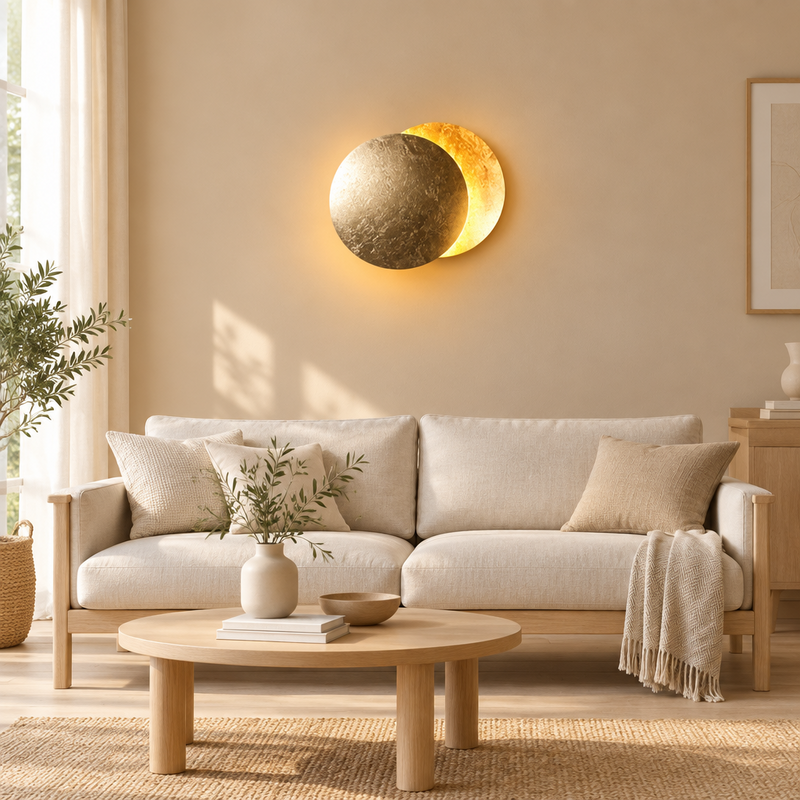 Two overlapping gold-leaf discs glow on a beige living room wall above a cream sofa 1
