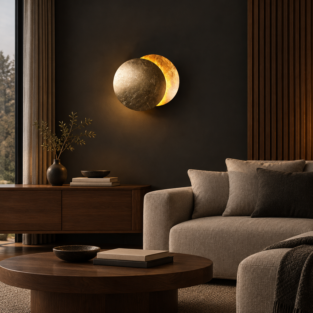 Gold-leaf disc wall lamp glowing on a dark wall above a wooden sideboard and cream sofa 1