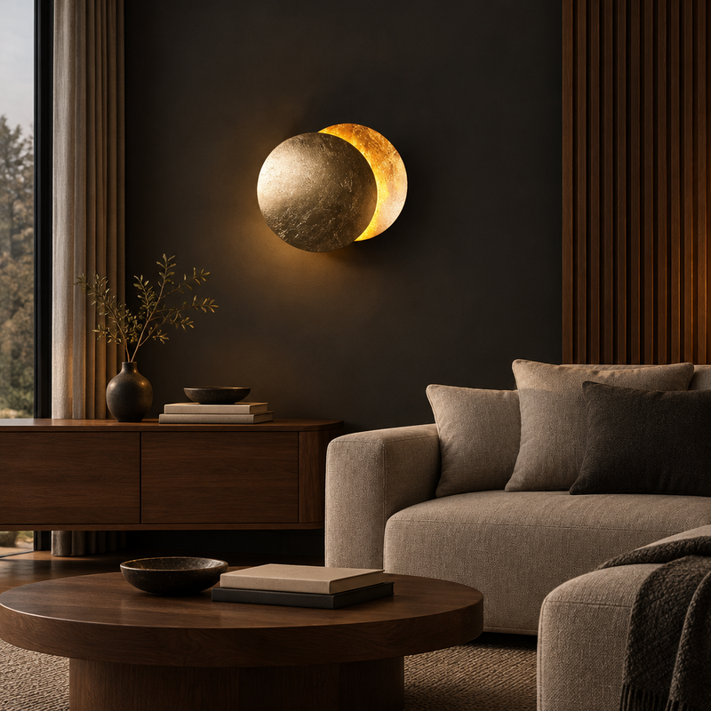 Gold-leaf disc wall lamp glowing on a dark wall above a wooden sideboard and cream sofa 1