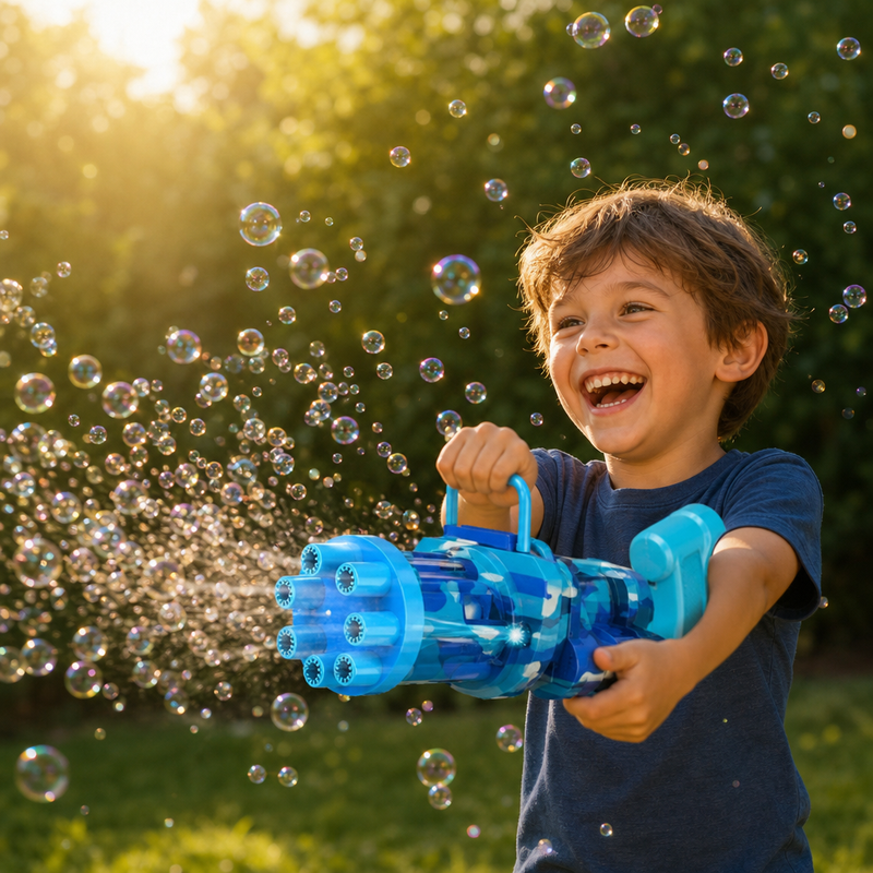 Child firing bubble blaster in sunny backyard