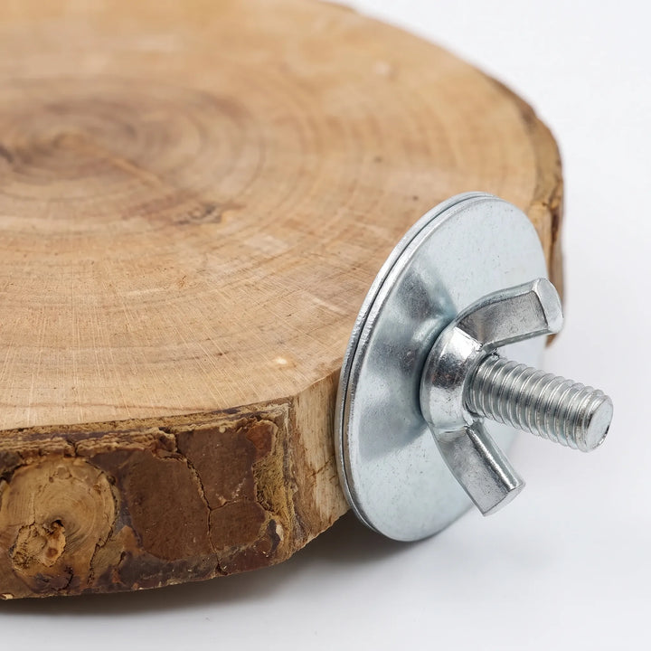 Close-up of a round natural wood platform showing growth rings and bark edge, with its metal washer and wing nut fixing. 3