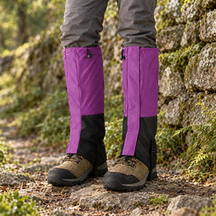 Purple and black gaiters worn over hiking boots on a mossy stone path, with drawcord toggles at the top 1