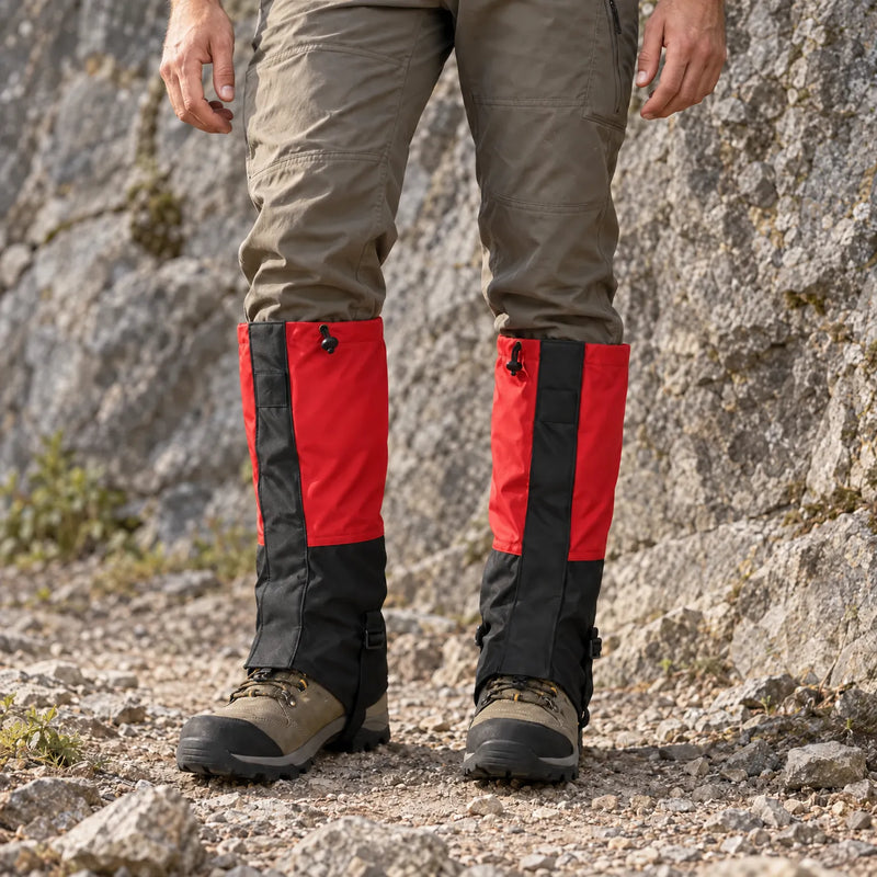 Red and black gaiters worn over hiking boots against a rocky cliff, with drawcords at the top and a boot strap 3