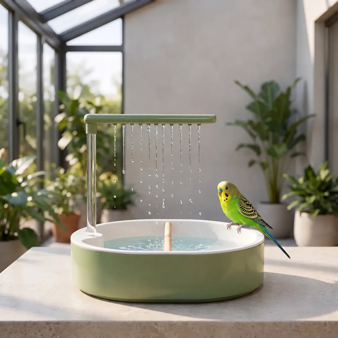 Green budgerigar perched on the rim of the bird bath, with water dripping from the overhead arm in a bright conservatory. 3